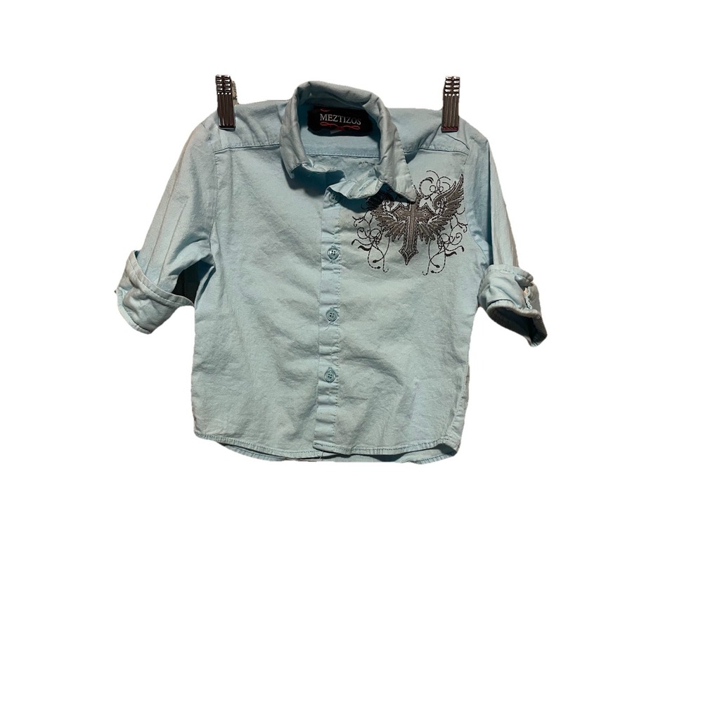 Mezitos Button Up shirt 2T Light Blue With Rhinestones On Cross Rolltab Sleeves